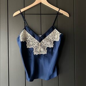 Vintage Morgan Taylor Camisole 100% Silk / Dark Blue / Ivory Lace / Size Small